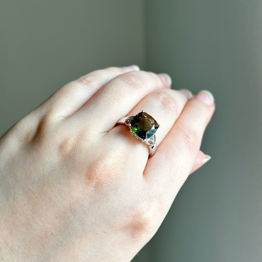 Cushion cut Moldavite statement ring