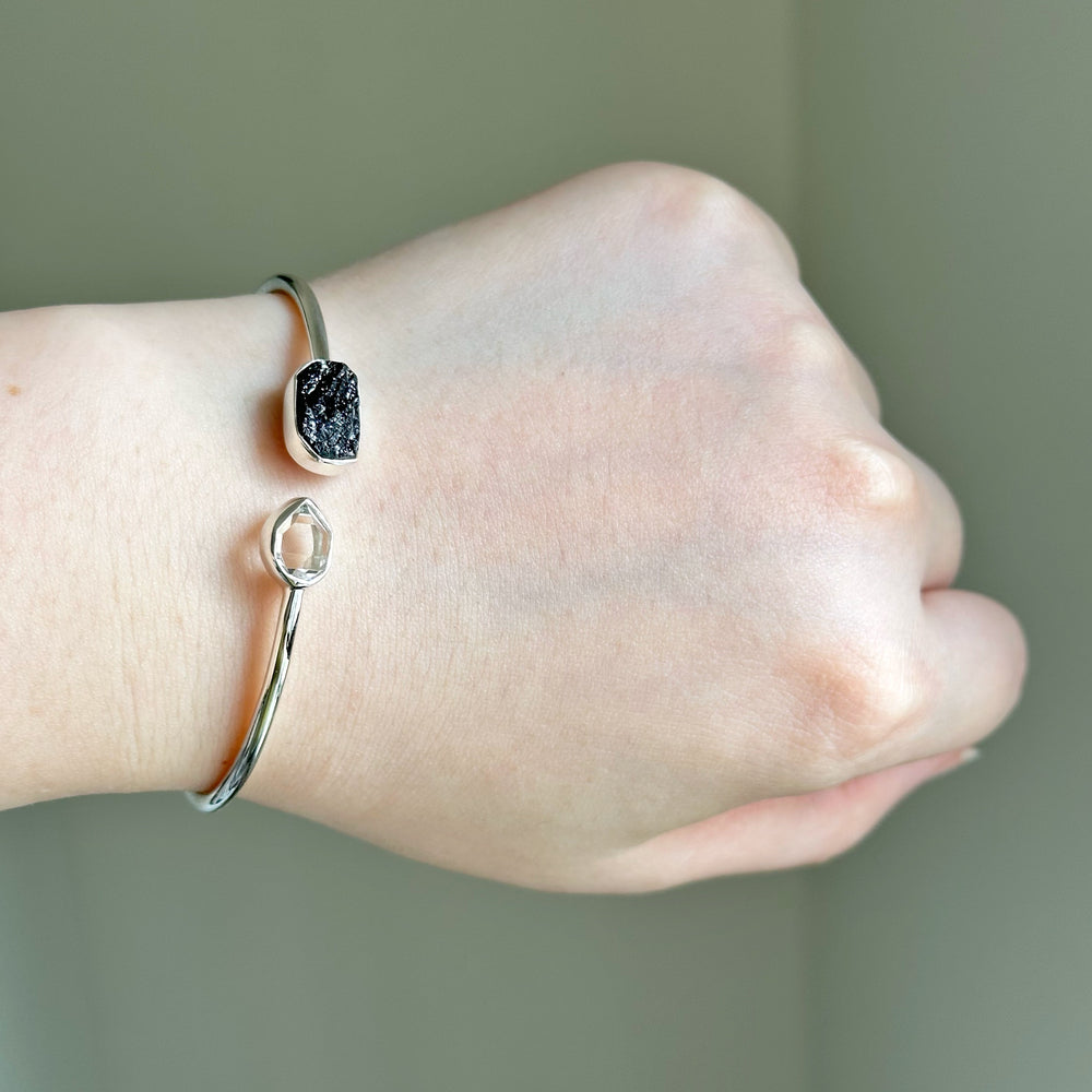 Black Tourmaline x Herkimer Diamond Cuffed Bangle