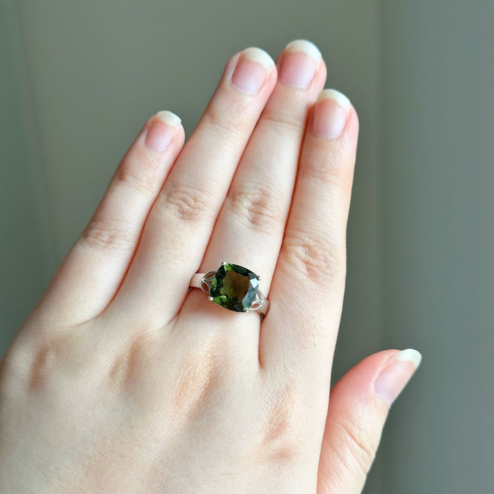 Cushion cut Moldavite statement ring