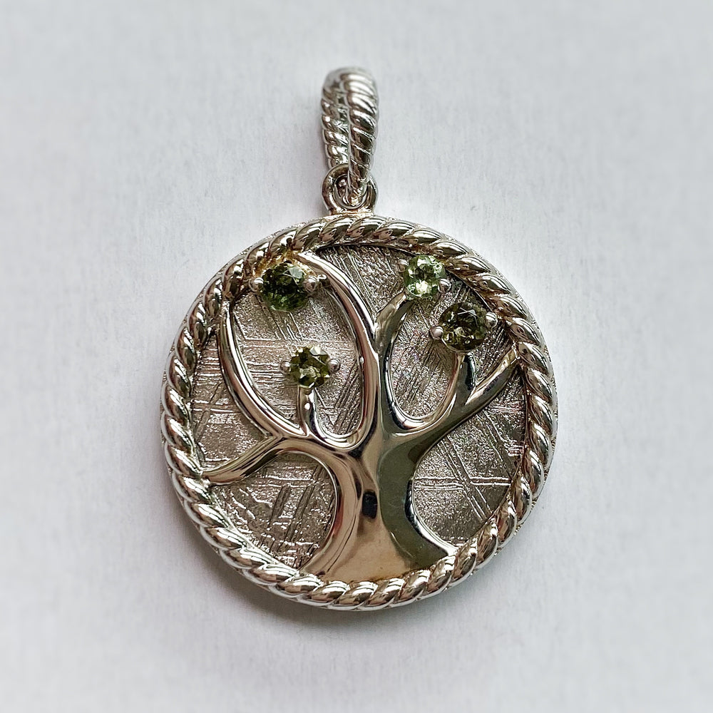 "Tree of Life" Muonionlusta Meteorite w/ Moldavite Gemstones 925 Silver Pendant