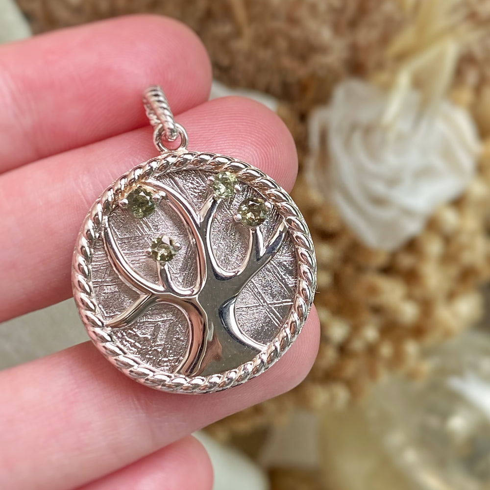 "Tree of Life" Muonionlusta Meteorite w/ Moldavite Gemstones 925 Silver Pendant