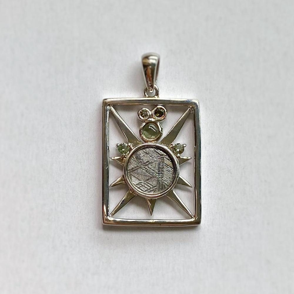 "The Sun" Gibeon Meteorite w/ Moldavite Gemstones 925 Silver Pendant