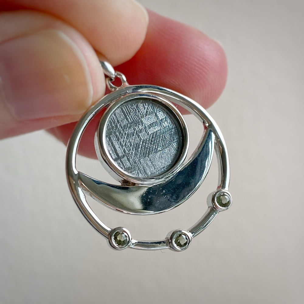"Blessing Moon" Gibeon Meteorite w/ Moldavite Gemstones 925 Silver Pendant