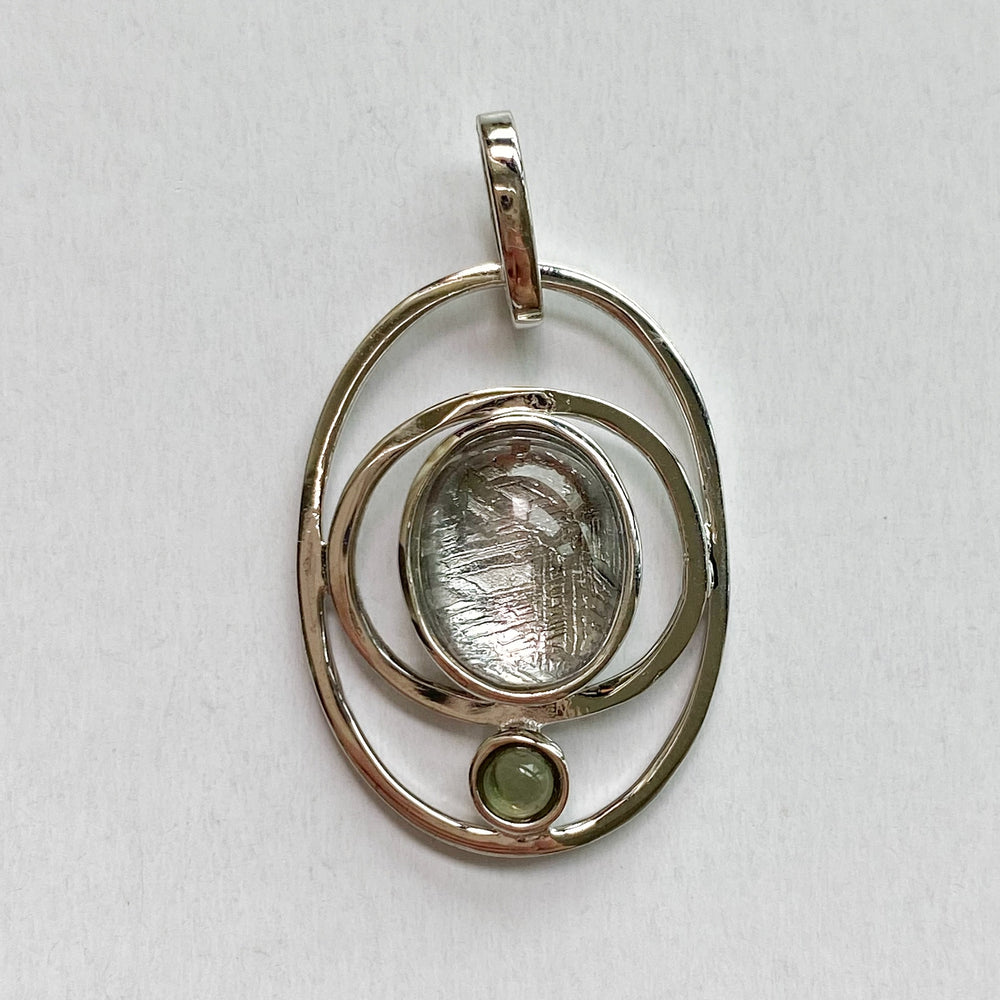 "Saturn" Gibeon Meteorite w/ Moldavite Gemstones 925 Silver Pendant