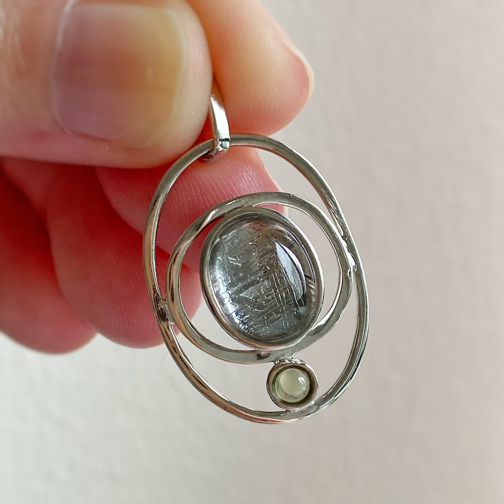 "Saturn" Gibeon Meteorite w/ Moldavite Gemstones 925 Silver Pendant
