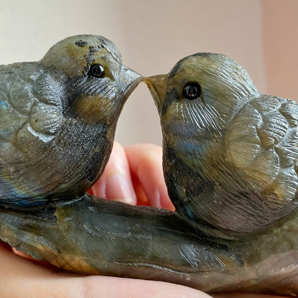 Labradorite Couple Sparrows Carving LFB02